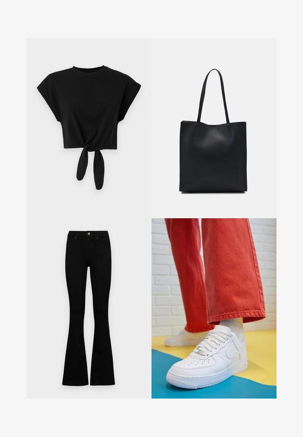 Camiseta preta cropped feita de algodão macio, com mangas curtas e detalhe de nó na barra. Textura simples e suave.; Jeans pretos de cintura alta com fecho de botão e zíper, bolsos frontais e pernas largas dispostos em cima de um fundo branco.; Sapatilha de couro branca com biqueira perfurada, sola texturizada e atacadores brancos, combinada com calças largas vermelhas e um fundo azul e amarelo.; Bolsa tote preta em couro com textura lisa, forma retangular e duas alças longas. Sem hardware ou enfeites visíveis.