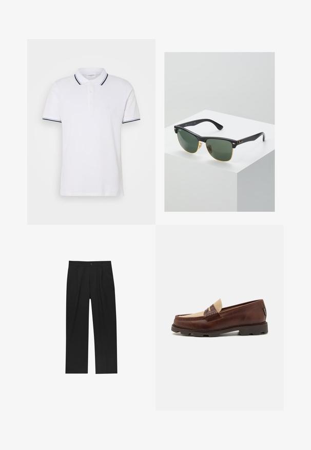 Biela polo tričko vyrobené z bavlny s golierom, trojradovým zapínaním na gombíky a námorníckymi modrými a bielymi pruhmi na rukávoch.; Čierne nohavice s rovnými nohavicami, vyrobené z hladkej tkaniny. Majú predné puky a jediné gombíkové zapínanie v páse.; Hnedé kožené loafers so taupe plátnovým akcentom, prešívaním a textúrovanou gumovou podrážkou navrhnutou pre pohodlie a trvácnosť.; Slnečné okuliare Ray-Ban so zelenými sklami, čiernymi plastovými rámami a zlatými akcentami na okrajoch. Štvorcový tvar s matným povrchom.