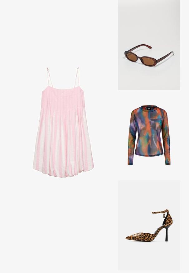 Langarmshirt aus transparentem, leichtem Stoff mit einem lebhaften, mehrfarbigen abstrakten Muster in Orange-, Blau- und Violetttönen.; Gestreiftes ärmelloses Kleid in Rosa und Weiß mit gerafftem Material, leichtem Stoff und verstellbaren Trägern. Ausgestellt designte untere Partie.; Leopardenmuster High-Heel-Schuh mit spitzer Zehe, Samttextur, Knöchelriemen und mit Kristallen besetzter Schnalle. Schwarzer Stilettoschuh.; Runde, braun getönte Sonnenbrillen mit einem glänzenden burgunderfarbenen Rahmen. Schlanke Bügel mit dezentem Branding. Flaches Linsendesign.; Tasche im Leopardenmuster mit glatter Textur, goldenen Beschlägen und einem schwarzen Lederträger; weiche, lässige Form mit gebogener Oberseite.