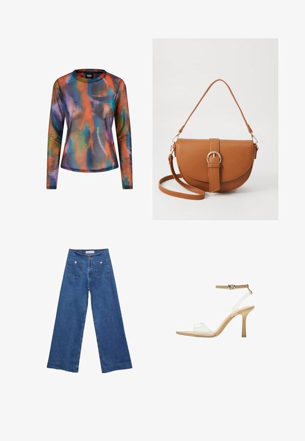 Majica s dolgimi rokavi iz prosojnega, lahkega materiala, ki prikazuje živahen, večbarven abstrakten vzorec v odtenkih oranžne, modre in vijolične.; Jeans širokih nogavic iz denima z medenim modrim pranjem, dvema sprednjima žepoma z gumbnimi zaprtji in šivanjem ob robovih.; Sandal z jasnim petnikom s prozornim zgornjim delom, bež podplatom in sivim trakcem okoli gležnja. Ima koničast nos in tanek visoki petek.; Rjava usnjena torbica prek telesa s ukrivljeno obliko, zlate opreme in sponko. Ima odstranljiv naramni trak.