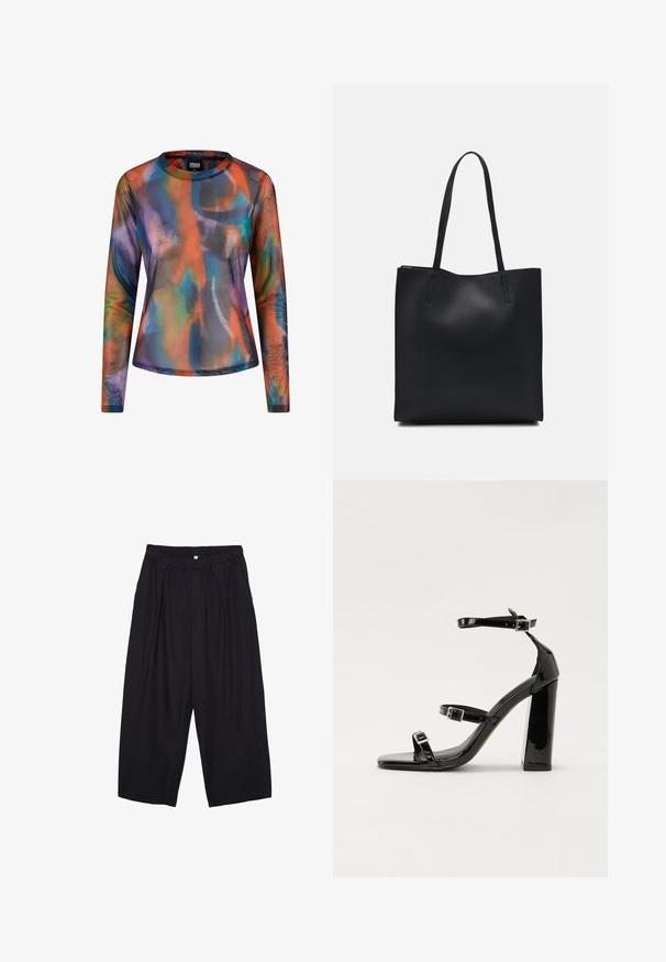 Langarmshirt van doorzichtig, lichtgewicht materiaal met een levendig, veelkleurig abstract patroon van oranje, blauw en paarse tinten.; Zwarte polyester culottes met een elastische tailleband, twee voorkreukels en een losse pasvorm. Geen zichtbare patronen of hardware-details.; Zwarte gepatenteerde sandalen met hak en een vierkante neus, enkelbandjes en zilveren gespen. Heeft een stevige blokhak voor stabiliteit.; Zwarte leren handtas met een gladde textuur, rechthoekige vorm en twee lange handvaten. Geen zichtbare hardware of versieringen.