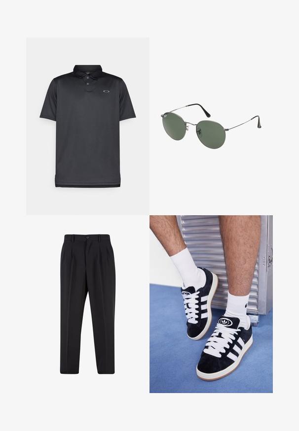 Sort polo shirt lavet af glat stof, med krave, tre knapper, kortærmer og et lille gråt logo på venstre bryst.; Sorte bukser med plisseret frontdesign, lavet af glat stof. Har knaplukning og bæltestropper; lige pasform.; Sorte ruskinds sneakers med hvide snørebånd og tre hvide striber. Har et rundt sort logo på tungen og en gummigummisål.; Metalrammede solbriller med ovale grønne linser. Tynd sølvmetalramme og sorte ørepropper. Minimalistisk design, ingen synlige logoer.