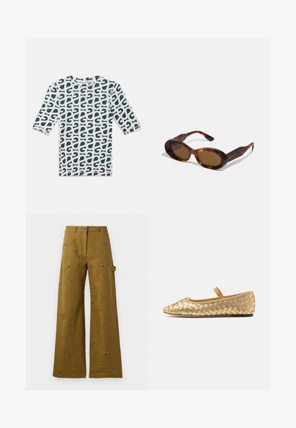 Koszulka z rękawem trzy-czwartym w kolorze białym z zielonym abstrakcyjnym wzorem. Okrągły dekolt, materiał bawełniany, wykończona szytymi brzegami.; Spodnie z szerokimi nogawkami w oliwkowozielonym kolorze z haftem kwiatowym. Posiadają zapięcie na guzik oraz kieszeń boczną. Całość ozdobiona teksturowanymi szwami.; Loeffler Randall LEONIE złoty; Okulary przeciwsłoneczne w stylu żółwi, z owalnymi soczewkami, brązowym odcieniem i złotymi akcentami na ramionach. Grube oprawki o błyszczącej powierzchni i gładkiej fakturze.