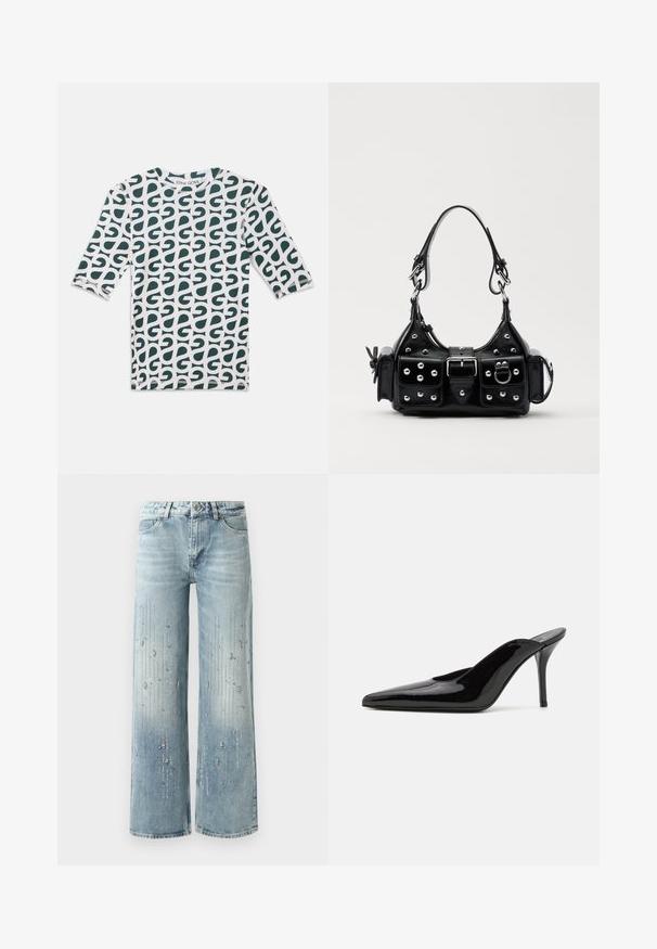 Koszulka z rękawem trzy-czwartym w kolorze białym z zielonym abstrakcyjnym wzorem. Okrągły dekolt, materiał bawełniany, wykończona szytymi brzegami.; Jasnoniebieskie dżinsy typu wide-leg wykonane z denimu, z gradientowym efektem kolorystycznym i ozdobami z srebrnych cyrkonii w pionowym wzorze.; Czarne lakierowane mule na wysokim obcasie z wąskim noskiem i elegancką sylwetką, charakteryzujące się otwartym tyłem i smukłym szpilką.; Czarna skórzana torebka w zakrzywionym kształcie, z srebrnymi ćwiekami, klamrą i dwoma bocznymi kieszeniami. Regulowany pasek umożliwiający różne opcje noszenia.