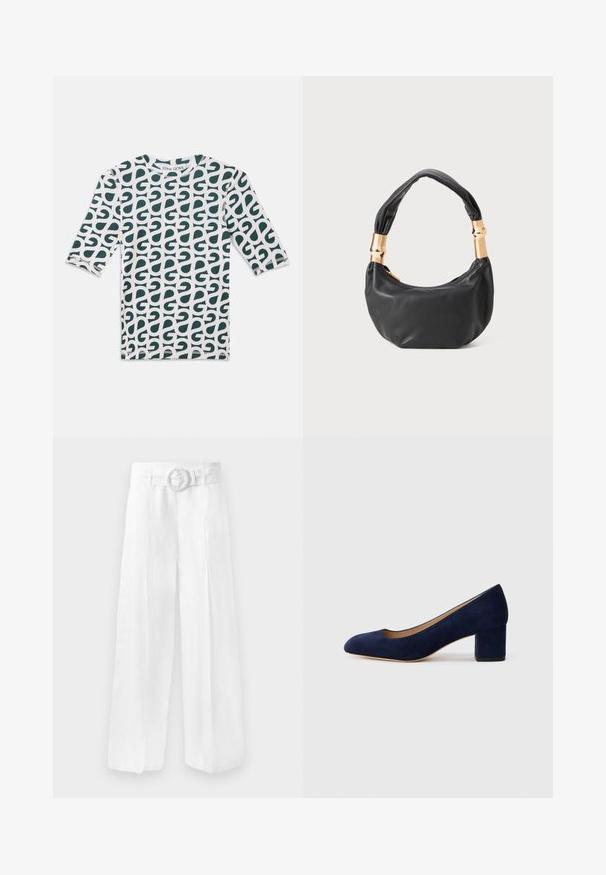 Baltos spalvos trijų ketvirčių ilgio marškiniai su žaliu abstrakčiu raštu. Apvalus iškirpimas, medvilnės medžiaga ir siūti kraštai.; Platūs balti lino kelnių su diržu ir apvaliu užsegimu. Lygus paviršius, laisvas fasonas, be matomų raštų.; Tamsiai mėlynos zomšos bateliai su smailiu nykščiu ir vidutinio aukščio blokiniu kulnu. Lygi tekstūra su subtiliu blizgesiu ir mažas įpjovimas priekyje.; Juodas odinis rankinukas apvalios formos, minkštos tekstūros su susietu rankena ir auksinės spalvos detalėmis. Užtrauktuko uždarymas.