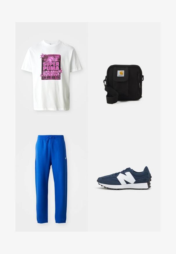 Camiseta blanca de algodón con un atrevido estampado gráfico en rosa que dice "SUPER PUMA WORLD TOUR" y detalles de personajes en estilo de caricatura.; Pantalones de chándal azules hechos de tejido suave, con una cintura elástica y cordón, piernas ajustadas y un pequeño detalle de logo en el costado.; Zapatillas deportivas azul marino con logo blanco, parte superior de ante y malla, que cuentan con un cuello acolchado, cordones planos y suela de goma negra texturizada.; Bolso bandolera negro con un compartimento principal con cremallera, bolsillo frontal, correa ajustable y un parche de logo visible en la tapa.