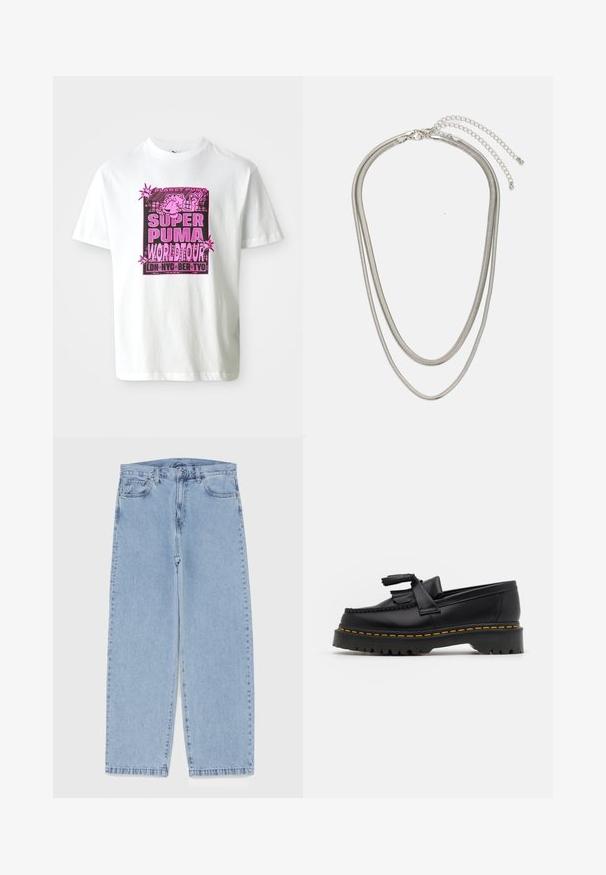 Balta kokvilnas T-kreklu ar košu rozā grafiku un uzrakstu "SUPER PUMA WORLD TOUR", kā arī karikatūru stila tēlu detaļām.; Gai zila džinsu bikses ar taisnu kāju dizainu, kas piedāvā vidēju vidukļa augstumu, piecas kabatas un pogas un rāvējslēdzēja aizdari.; Melnas ādas mokasīni ar pērlītēm uzsvaru, ar masīvu melnu zoli un dzeltenu šuvumu gar malu. Ar teksturētu apdari.; Trīslīmeņu sudraba metāla kaklarota ar gludām, elastīgām ķēdēm, kas spīd, droši piestiprināta ar omā uzgali un regulējamu ķēdi.