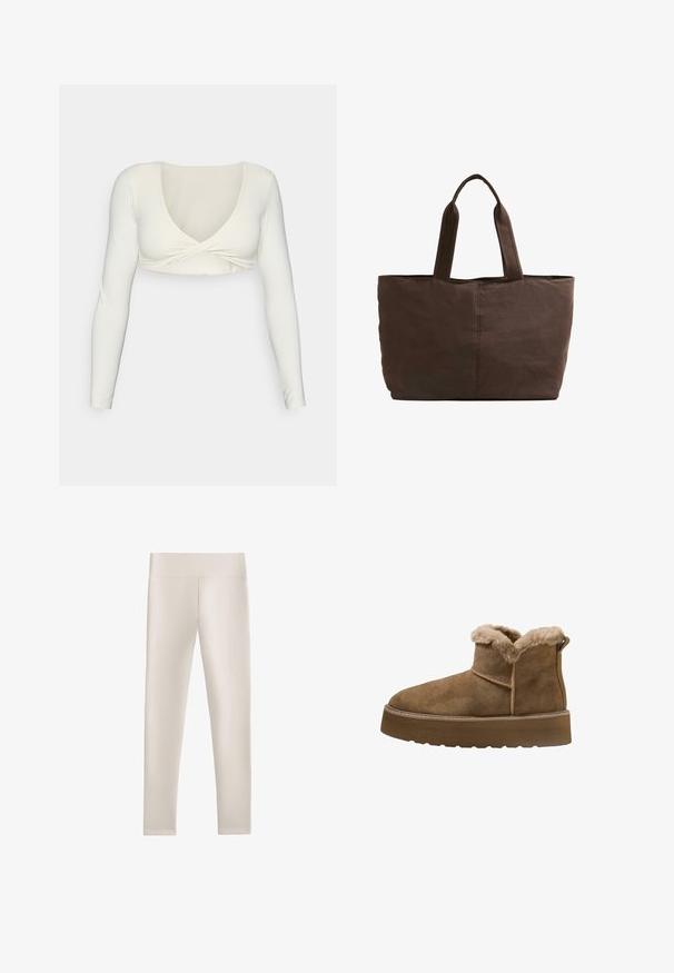 White long-sleeve crop top with a deep V-neckline and twisted front design, made from a smooth, stretchy fabric.; Light beige leggings made from smooth, stretchy material. Features a high, wide waistband and a fitted shape, with no visible seams or patterns.; Brown suede ankle boots with faux fur lining, round toe, and a thick platform sole; features a stitched seam and pull tab at the back.; Brown fabric tote bag with two sturdy handles, rectangular shape, minimal stitching details, and a smooth texture.