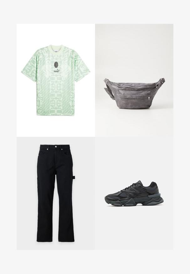 Svetlo zelena kratkotrajna majica iz tkanine s vzorčastim dizajnom. Ima okroglo ovratnico in logo na sredini ter na dnu.; Črne denim hlače s ravnim krojem, sprednjimi žepe in zadnjimi nalepkami. Imajo srebrne dodatke in detajl z zankami na straneh za funkcionalnost.; Črne tekaške superge, ki združujejo mrežaste in sintetične materiale, imajo debel podplat, ukrivljen oblikovni slog ter izrazito blagovno znamko na strani.; Sivkasta zamšasta torbica s okroglo obliko, dvema žepoma na zadrgo in nastavljivim trakom. Ima kovinske dodatke.