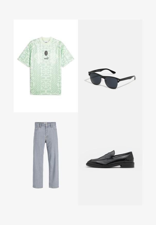 Gaiši zaļš īsām piedurknēm T-krekls, izgatavots no auduma ar rakstainu dizainu. Tam ir apaļa kakla izgriezuma forma un logo centrā un apakšā.; Gai zils džinsu audums ar brīvu piegriezumu, taisnu kāju dizainu, redzamām šuvēm, divām priekšējām kabatām un pogu aizdari.; Melnas ādas loafers ar gludu virsmu, ar noapaļotu purngalu un šauru joslu pāri augšdaļai. Zems kaudzes papēdis.; Melnas saulesbrilles ar taisnstūra formu, tumšiem stenģiem, sudraba akcentiem pie tempļiem un matētu apdari uz rāmja.