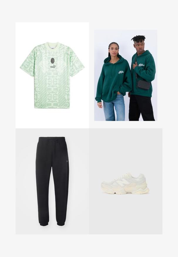 Světle zelené tričko s krátkým rukávem vyrobené z látky s vzorovaným designem. Má kulatý výstřih a logo uprostřed a na spodní části.; Černé tepláky z měkkého materiálu s elastickým pasem, šňůrkou na stažení a zužujícími se manžetami, s jemným logem na boku.; Lehká sneakerka s vrchní částí z prodyšné síťoviny a semiše v jemných krémových tónech, s masivní podrážkou a trojrozměrnými akcenty.; Zelené mikiny s kapucí a předními kapsami, volný střih. Jeden model nosí černé džíny, druhý nese černou crossbody tašku.