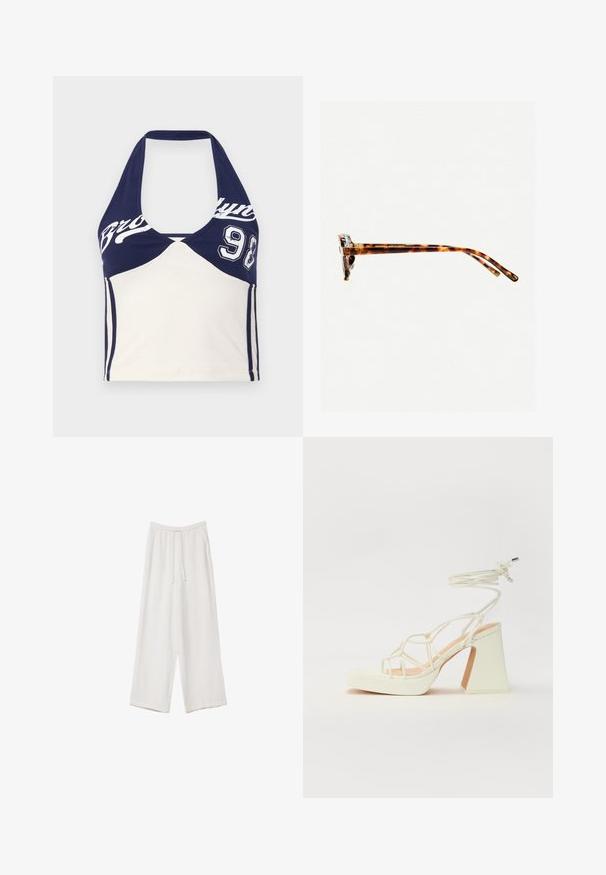 Kraljevo modra in krema bombažna kratka majica s halter ovratnikom, ki vključuje potisk "Brooklyn" in številko 98. Gladka tekstura, športna zasnova in barvno blokirana.; Bele široke hlače iz lahkega materiala. Imajo elastičen pas s vrvico in stranske žepe. Gladka tekstura.; Bela sandala na visokih petah s debelim petam, ki ima obliko trakcev in vezanje okoli gležnja. Gladka tekstura z platformo spredaj za dodatno višino.; Sončna očala iz želvosliva z debelimi okvirji, rahlo ukrivljenimi nogicami in gladko teksturo. Imajo klasičen dizajn z sijočim finišom.