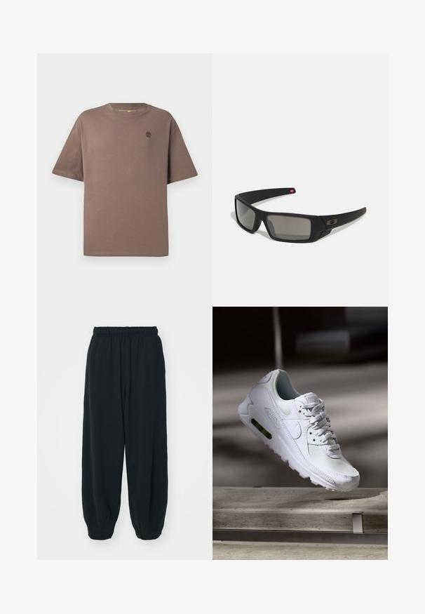 Pruun puuvillane t-särk ümmarguse kaelusega ja lühikeste varrukatega, millel on rindkeres väike logo, sile tekstuur ja mugav lõige.; Mustade elastse vöökoha ja laia lõikega dressipüksid, mansetiga sääred, sile tekstuur ning ilma nähtavate mustrite või detailideta.; Valged Nike Air Max 90 sneakers, millel on võrkkangast ja nahast ülemine osa, aukudega varbadosa ning nähtav õhuüksus kandades.; Mustad mustaga viimistlusega prillid, ristkülikukujulised läätsed, templite kerge kõverus, diskreetne logo detail ja suitsutatud läätsed.