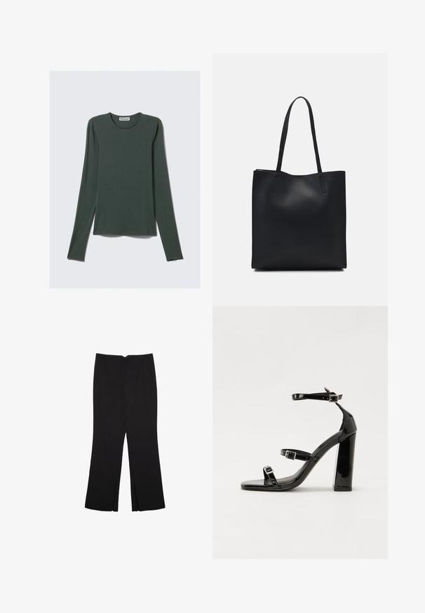 Top a manica lunga verde scuro, realizzato in tessuto morbido. Presenta una scollatura rotonda e una vestibilità rilassata con orlo dritto. Etichetta del marchio: WEEKDAY.; Pantaloni neri a gamba dritta, con tasche frontali e spacchi laterali all'orlo. Realizzati in tessuto morbido e liscio. Adatti a diverse occasioni.; Sandali con tacco in vernice nera, con punta squadrata, cinturini alla caviglia e fibbie in argento. Presentano un tacco a blocco spesso per maggiore stabilità.; Borsa tote in pelle nera con texture liscia, forma rettangolare e due manici lunghi. Nessun hardware o decorazione visibile.