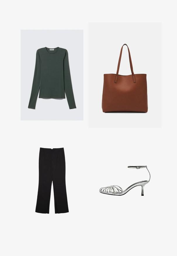 Top a manica lunga verde scuro, realizzato in tessuto morbido. Presenta una scollatura rotonda e una vestibilità rilassata con orlo dritto. Etichetta del marchio: WEEKDAY.; Pantaloni neri a gamba dritta, con tasche frontali e spacchi laterali all'orlo. Realizzati in tessuto morbido e liscio. Adatti a diverse occasioni.; Sandalo con tacco basso argentato e strappi incrociati multipli, dotato di una cinghia alla caviglia con fibbia e una superficie liscia e lucida.; Borsa tote in pelle marrone con texture liscia, design con apertura superiore e due spallacci. Presenta cuciture minime e nessun hardware visibile.