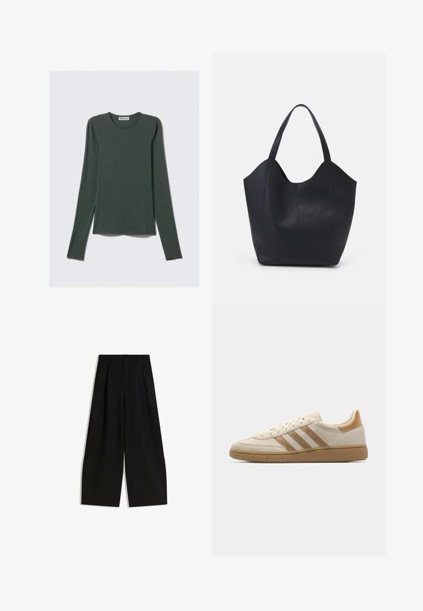 Long-sleeve top in dark green, made of soft fabric. Features a round neckline and a relaxed fit with straight hem. Brand label: WEEKDAY.; Black wide-leg trousers made of smooth fabric, featuring a high waist, pleats at the front, and no visible embellishments or patterns.; Beige suede sneaker with light brown accents. Features three brown stripes, textured rubber sole, and a rounded toe design.; Black tote bag made of smooth leather, featuring a curved, open top with two shoulder straps and a minimalist design.