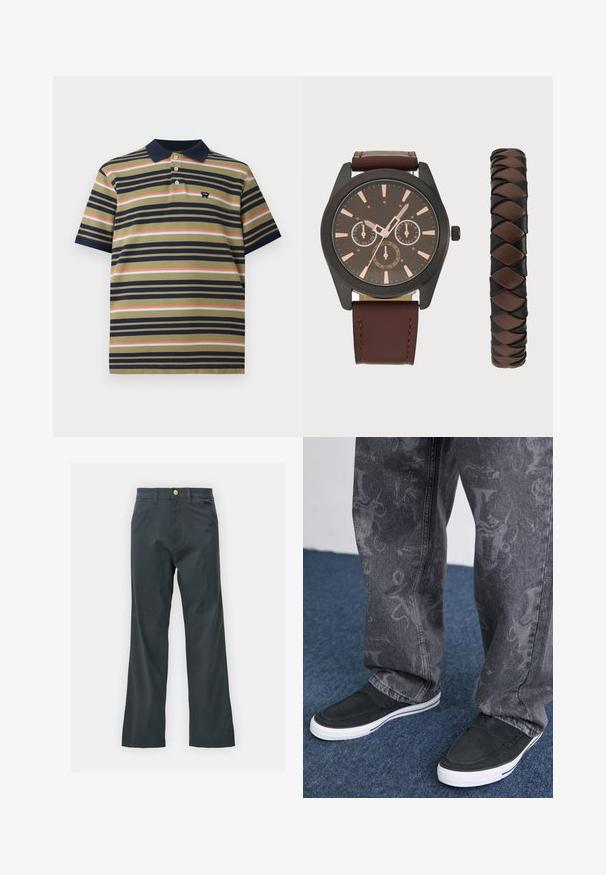 T-krekls ar īsām piedurknēm, ar tumši zilu apkali, olīvu krāsas pamatu un horizontālām svītrām tumši zilā, korālā un gaiši zila krāsā, ar mazu logo uz krūtīm.; Melnas bikses ar taisnu kāju griezumu, izgatavotas no kokvilnas maisījuma auduma. Tām ir metāla pogas aizdare un sānu kabatas. Nav redzamu rakstu.; Melnas slip-on kurpes ar baltu zoli, ar tekstūru, apvienotas ar pelēkiem džinsiem ar smalku rakstu, uz zilā paklāja fona.; Pier One SET - Pulkstenis - black/brown