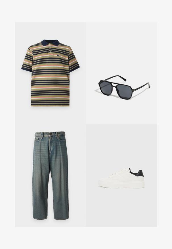 Trumpas rankovės polo marškinėliai su tamsiai mėlynu apykakle, alyvų spalvos pagrindu ir horizontaliomis juostelėmis tamsiai mėlynos, koralinės ir šviesiai mėlynos spalvų, su nedideliu logotipu krūtinėje.; Šviesiai mėlyni džinsai su laisvu siluetu, vidutinio aukščio juosmeniu ir tiesiomis kojomis. Su penkiais kišenėmis, diržo kilpo ir mygtukų uždarymu.; Balti odiniai sportbačiai su įspaustu raštu, tekstūruotas baltas vidpadis ir juodas kulno akcentas. Ypatybės: apvalus pirštas ir plokščios batraiščiai.; Juodos akiniai nuo saulės su aštuonkampiu rėmeliu, tamsiais objektyvais, blizgiu paviršiumi, plonomis šakutėmis ir auksinėmis akcentais priekyje.