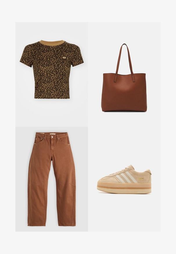 Levi's® Tricou cu imprimeu - braun; Jeanși drepti de culoare ruginită, cu buzunare frontale și spate, nituri metalice, închidere cu nasture și bucle pentru curea, întinși pe un fundal alb.; Sneakers din suede bej cu platformă, cu trei dungi albe, vârf rotund și talpă din cauciuc bej, având un accent de logo auriu pe lateral.; Geantă de umăr din piele maro cu o textură netedă, design cu vârf deschis și două curele pentru umăr. Prezintă cusături minime și fără componente metalice vizibile.