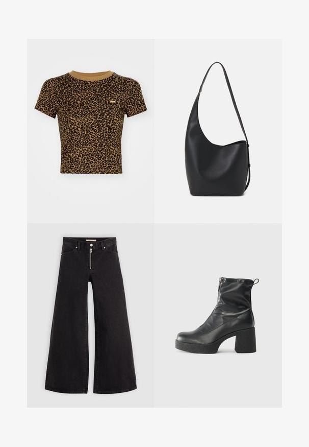 Levi's® Marškinėliai su spaudiniu - braun; Plačios kojų džinsai iš juodo džinsinio audinio su užtrauktuku priekyje, penkių kišenių dizainu ir subtiliais siuvinėjimo akcentais. Lygus paviršius ir laisvalaikio stilius.; Juodos kulkšninių botai, pagaminti iš lygaus odos, su šoniniu užtrauktuku, masyviu tekstūruotu kulnu ir apvaliu pirštu.; Juodas odinis hobo maišas su lygiu paviršiumi, kreipta forma ir viena reguliuojama rankena; turi platų atidarymą viršuje.