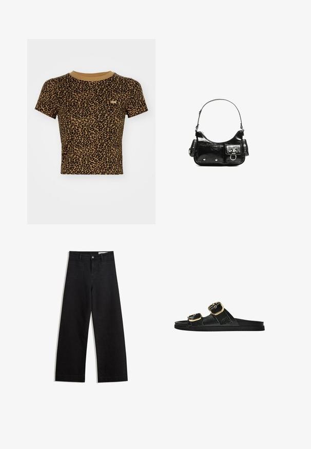 Levi's® Print T-shirt - braun; Black wide-leg denim pants with a high waist, featuring front and back pockets, stitched seams, and a button closure. Smooth texture.; Black slide sandal with two gold buckle accents, smooth textured material, flat sole, and a minimalist design.; Black patent leather handbag with a curved shape, one shoulder strap, front pockets, and silver-tone hardware accents.