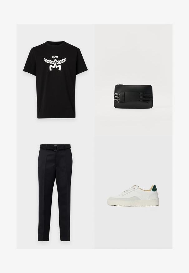 Melna kokvilnas T-kreklā ar īsām piedurknēm, priekšpusē ar lielu baltu MCM logo un lauru dizainu. Klasisks apaļais kakls.; Melni piegriezti bikses ar gludu audumu, taisnu piegriezumu un jostu ar taisnleņķa sprādzi. Pamanāmie priekšējie iegriezumi uzlabo dizainu.; Baltas sneakers ar zamša akcentiem, noapaļota purngala, plakaniem auklām un krēmkrāsas gumijas zoli. Ar zaļu zīmolu uz papēža.; Melnas ādas rokassoma ar gludu tekstūru, ar metāla detaļām un sprādzes siksnas akcentu aizmugurē. Ieliktne augšā ar rāvējslēdzēju.