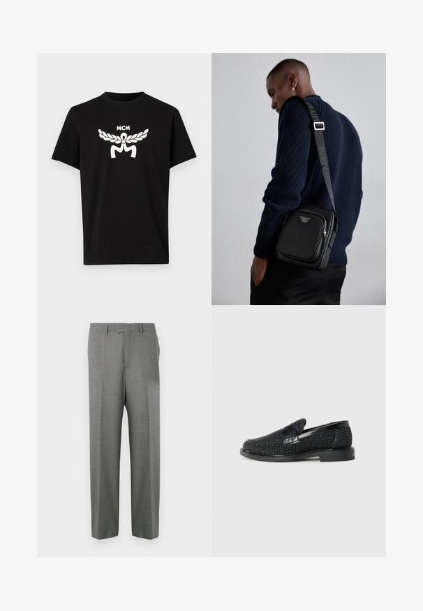 Camiseta de algodón negra con mangas cortas, que presenta un gran logo blanco de MCM y un diseño de laurel en el frente. Cuello redondo clásico.; Pantalones de vestir grises hechos de tela texturizada, con diseño de pierna recta y frente plano, con trabillas para cinturón y sin bolsillos visibles.; Zapato negro de tejido con un acento de cuero suave en la parte superior, diseño de punta redonda y suela de goma de perfil bajo.; Bolso cruzado de cuero negro con un compartimento con cremallera, detalle de logo y una correa ajustable de marca. Llevado sobre un suéter de punto azul marino.