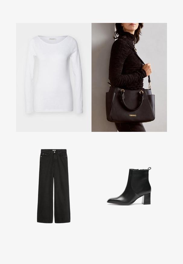 White long-sleeve top with a scoop neckline. Made of soft, textured fabric. Features a relaxed fit and seamless cuffs.; Wide-leg black denim jeans with a high waist. Features five pockets, metal hardware, and a clean finish. The texture is smooth and soft.; Black leather ankle boot with a rounded toe, a mid-height block heel, and a pull tab at the back. Smooth texture, minimal design.; Black handbag with textured surface, dual top handles, and adjustable shoulder strap. Features gold-tone hardware and side pockets.