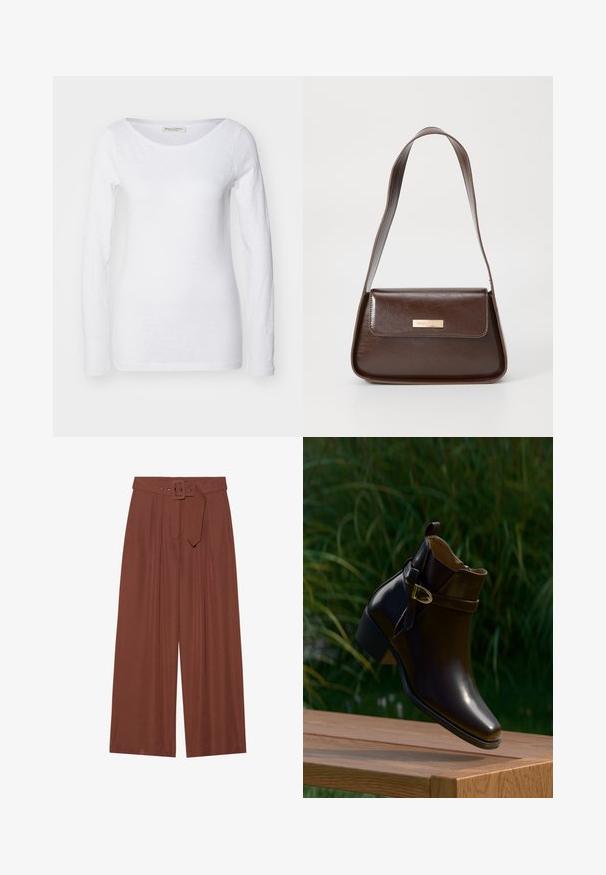 Balta ilga rankovė palaidinė su apvalia išpjova. Pagaminta iš minkštos, tekstūruotos medžiagos. Turi laisvą kirpimą ir be siūlių rankogalius.; Plačios kelnių kelnės rudos spalvos audinyje, su diržu su kvadratiniu sagtimi, klostuotų dizainu ir lygiu paviršiumi.; Blizgūs tamsiai rudos spalvos auliniai batai su žemu kulnu ir auksine saidoba, pakibę virš medinės paviršiaus, su žalia žole užnugaryje.; Ruda odinė petinė kuprinė, turinti struktūrizuotą formą, su magnetine užtrauktuku ir metaliniu logotipu priekyje.