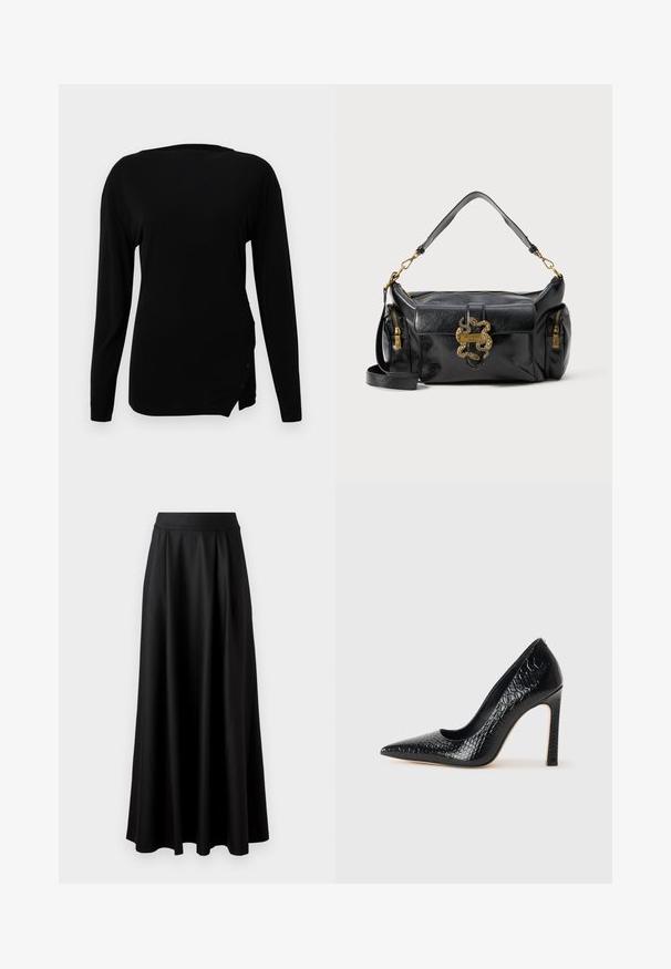 Čierny top s dlhým rukávom vyrobený z hladkej látky. Má okrúhly výstrih, jemný postranný rozparok a ozdobné gombíky na leme.; Čierna sukňa až po zem s hladkou textúrou, širokým pásom a plisovaným dizajnom, bez viditeľných vzorov alebo ozdôb.; Čierna lodička s špicatou špičkou a lakovanou textúrou krokodíla, s elegantným dizajnom, vysokým stiletto podpätkom a hladkým čiernym interiérom.; Čierna kožená kabelka s hladkým povrchom, zlatým hadím hardvérom a dvoma zipsovými bočnými vreckami. Súčasťou je nastaviteľný ramenný popruh.