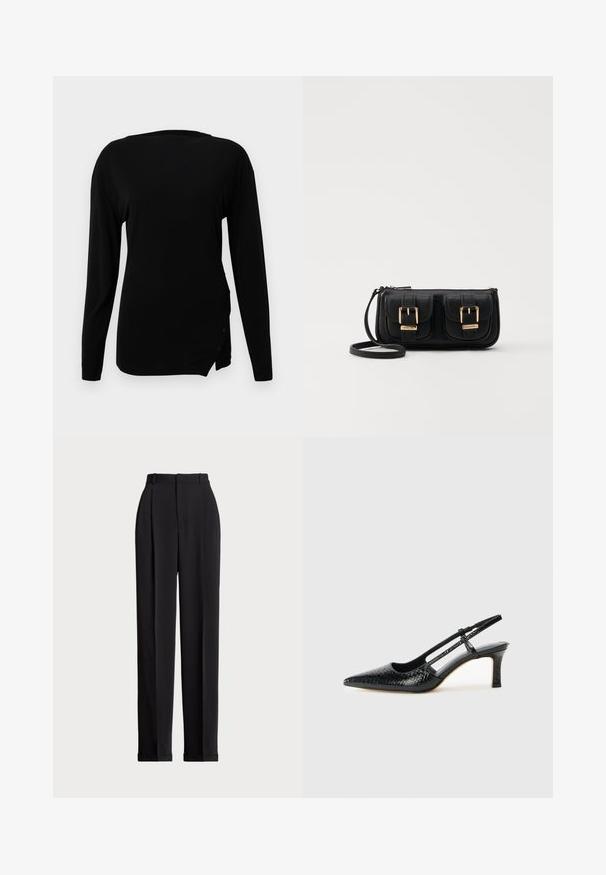 Schwarzes Langarmshirt aus glattem Stoff. Mit einem runden Ausschnitt, einem dezenten Seitenschlitz und dekorativen Knöpfen am Saum.; Schwarze, taillierte Hose mit hoher Taille, mit Falten vorne, geradem Bein-Design und umgeschlagenem Saum. Aus glattem Stoff gefertigt.; Schwarze Lack-Slingback-Pumps mit spitzem Zehenbereich, versehen mit strukturiertem Schlangenprint, verstellbarem Riemen und einem kurzen, strukturierten Blockabsatz.; Schwarze Leder-Umhängetasche mit zwei vorderen Taschen, goldenen Schnallen, Reißverschluss und einem schmalen Tragegurt. Texturierte Oberfläche und kompakte rechteckige Form.