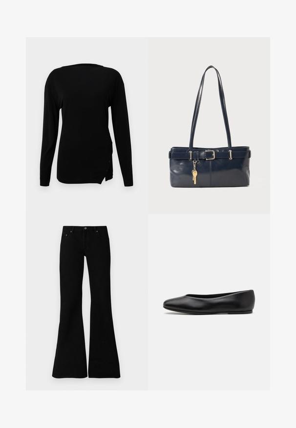 Czarny długi rękaw top wykonany z gładkiego materiału. Posiada okrągły dekolt, subtelne rozcięcie po boku oraz dekoracyjne guziki na dole.; Czarne dzwonowe dżinsy wykonane z denimu, z klasycznym pięcio-kieszeniowym fasonem, zapięciem na guzik oraz subtelnymi detalami wzdłuż szwów.; Paul Smith TOPANGA czarny; Granatowa skórzana torebka z dwoma długimi uchwytami, detalem w postaci klamry oraz dołączonym breloczkiem. Charakteryzuje się gładką teksturą i prostokątnym kształtem.