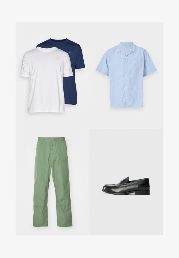 Divas divu apkakles t-krekli, viens balts un otrs tumši zils, izgatavoti no mīksta kokvilnas. Katram ir neliels ševron logo uz krūšu.; Gaišzils īsām piedurknēm pogājams krekls ar vertikālām baltām svītrām. Tam ir apkakle un kreisajā krūtī kabata. Mīksta auduma tekstūra.; Gaiši zaļi, brīvi pieguļoši bikses ar gludu tekstūru, ar sānu kabatām un redzamām šuvju detaļām. Pilna garuma ar taisnu kāju dizainu.; Melnas ādas loafers ar gludu apdari, izšūtiem detaļām pa vampu un nedaudz paceltu papēdi.