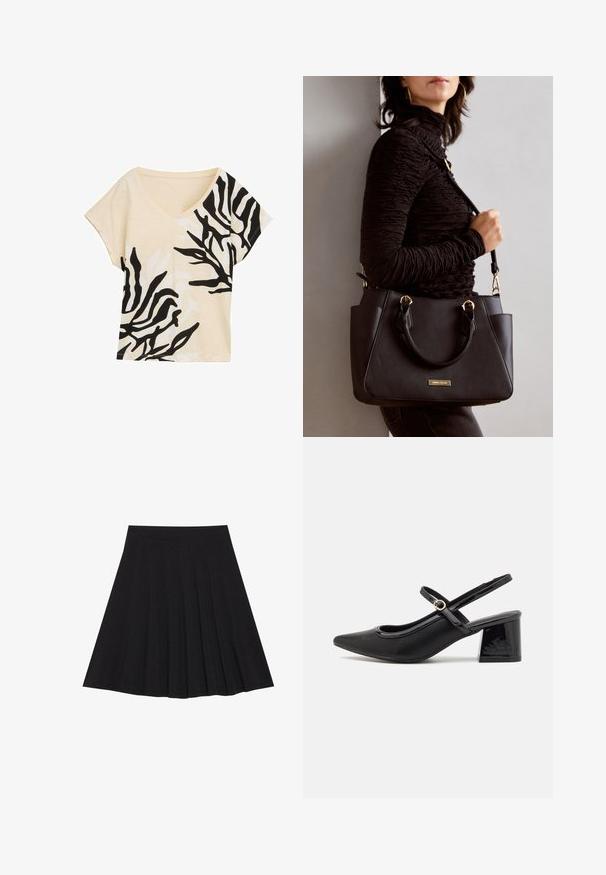 V-nyakú, rövid ujjú felső, bézs anyag, fekete és fehér absztrakt mintázattal, laza fazon, puha tapintás, lezser dizájn, merész kontrasztos részletekkel.; Fekete, pliszírozott szoknya texturált anyagból, szűk derékpánttal. Térd alá ér, sima, letisztult vonalvezetéssel.; Fekete lakk bőr, pántos magassarkú cipő, hegyes orral, lekerekített kivágással és tömbsarkal. Arany színű csat díszíti.; Fekete kézitáska texturált felülettel, dupla felső fogantyúval és állítható vállpánttal. Arany színű fém kiegészítők és oldalsó zsebek találhatók rajta.