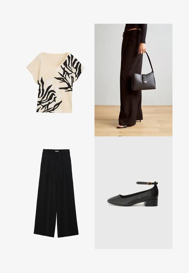 V-hals kortærmet top, beige stof med sort og hvid abstrakt mønster, afslappet pasform, blød tekstur, casual design, kraftige kontrasterende detaljer.; Sorte vide bukser i en tekstureret stofkvalitet, med elastisk talje og et aftageligt bånd i taljen for justerbar pasform.; Sorte læderpumper med spids tå og en lav blokhæl. Har en ankelrem med en guldfarvet spænde. Glat tekstur.; Sort håndtaske med struktureret form, glat overflade og metalspænde. Sammen med brede sorte bukser og sandaler med åben tå på trægulv.