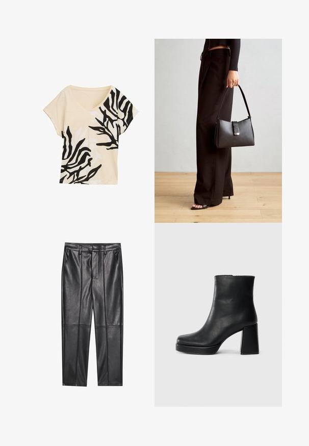Beige Oberteil mit V-Ausschnitt und kurzen Ärmeln, schwarzes und weißes abstraktes Muster, lockere Passform, weiche Textur, lässiges Design, auffällige kontrastierende Akzente.; Schwarze Lederhosen mit glatter Textur, gerader Passform, zwei Fronttaschen und sichtbaren Nahtdetails.; Schwarze Leder-Stiefelette mit Blockabsatz und Plattformsohle, seitlich auf einem schlichten weißen Hintergrund betrachtet.; Schwarze Handtasche mit strukturierter Form, glatter Textur und einem metallischen Verschluss. Kombiniert mit weiten schwarzen Hosen und offenen Sandalen auf einem Holzboden.