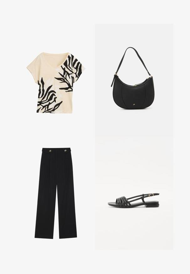 V-kaklo trumpų rankovių viršus, smėlio spalvos audinys su juodais ir baltais abstrakčiais raštais, laisvas kirpimas, švelni tekstūra, kasdienis dizainas, drąsūs kontrastingi akcentai.; Juodi plačios kojos kelnės su aukštu liemeniu, sagų detalėmis ant liemens ir priekinėmis raukšlėmis.; Juodos plokščios šlepetės su juostelėmis, turinčios kelias odines juostas ir ploną kulkšnies sagtį. Padas plokščias ir stačiakampis.; Juodas odinis rankinės su išgaubta forma, tekstūruota paviršius, priekiniai siūlai ir auksinės spalvos logotipas. Yra vienas reguliuojamas diržas.