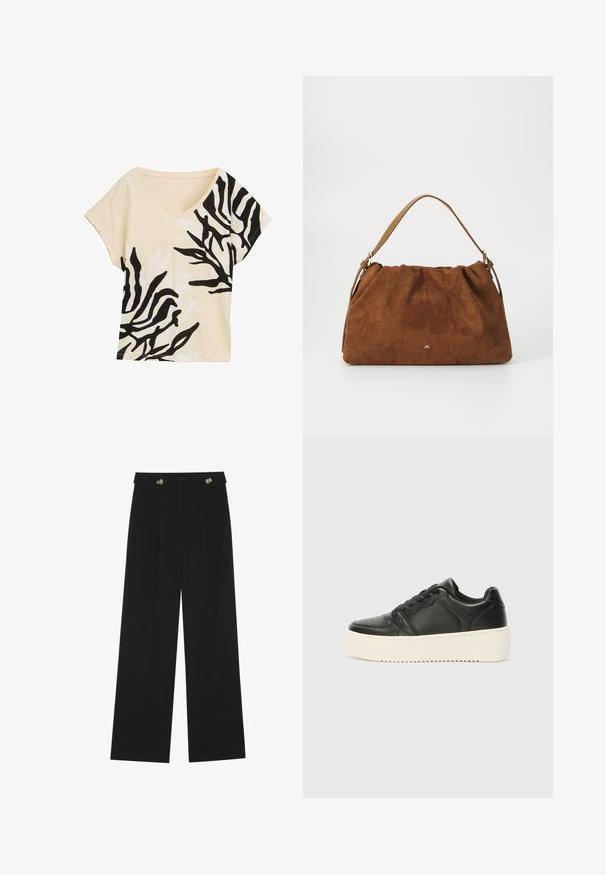 T-shirt met V-hals en korte mouwen, beige stof met zwart-wit abstract patroon, losse pasvorm, zachte textuur, casual ontwerp, gedurfde contrasterende accenten.; Zwarte wijde broek met hoge taille, knoopdetails op de tailleband en plooien aan de voorkant.; Zwarte leren sneaker met een gladde textuur, dikke crème-kleurige zool, ronde neus en een klassieke vetersluiting. Subtiele stikseldetails.; Bruine suède handtas met een geplooid ontwerp, voorzien van een enkele tan kleur leren schouderband en een subtiele gouden logo-detail aan de voorkant.