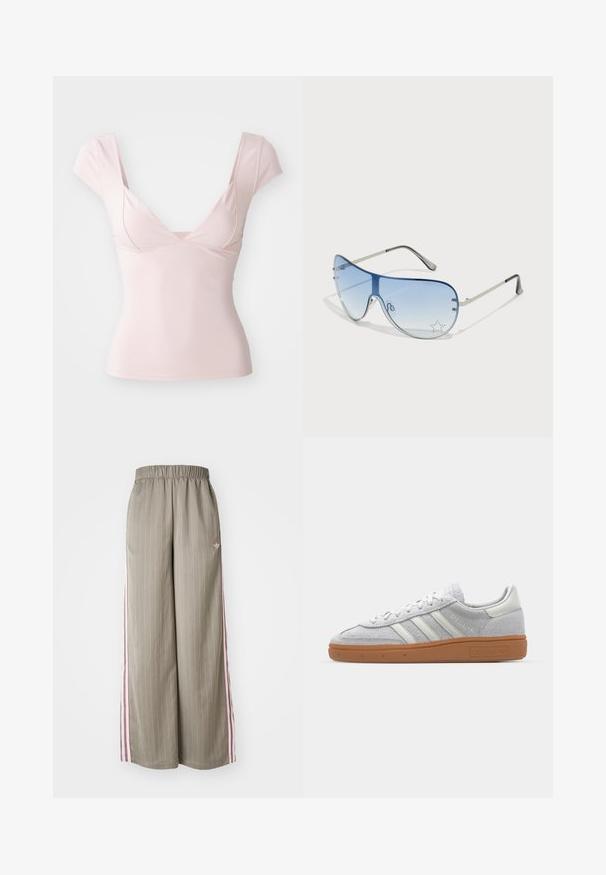 Trumpas rankovės, V formos iškirptės marškinėliai iš švelnios rožinės medžiagos. Yra prigludusi forma, lygi tekstūra ir siuvinėjimai po krūtine.; Šviesiai alyvuogių žalios spalvos plačios kojų kelnės su vertikaliais dryžiais, elastinga juosmens juosta ir rožinėmis šoninėmis juostomis. Ant klubų yra mažas logotipas.; Šviesiai pilki zomšiniai sportbačiai su baltais odiniais akcentais, trimis baltomis juostelėmis ir rudą guminę pada, turintys paminkštintą apykaklę patogumui.; Aviatoriai akiniai su gradientiniais mėlynais objektyvais, sidabriniu metaliniu rėmu ir dekoratyvinėmis žvaigždžių akcentais ant objektyvų. Lygaus ir stilingo dizaino.