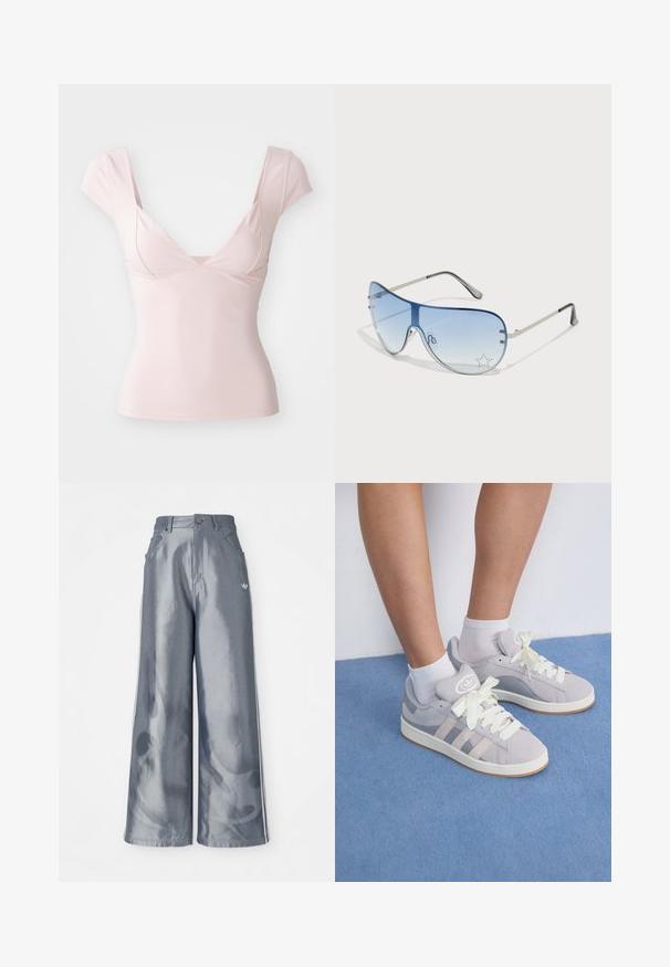 Μπλούζα κοντομάνικη, με V λαιμόκοψη, σε απαλό ροζ ύφασμα. Διαθέτει εφαρμοστή γραμμή, λεία υφή και ραφές κάτω από το στήθος.; Παντελόνια με φαρδιά πόδια από γυαλιστερό γκρι υλικό, που διαθέτουν άσπρες λωρίδες στα πλάγια και σχέδιο φλόγας στα κάτω άκρα. Κλείσιμο με κουμπί και φερμουάρ στη μέση.; Γκρίζα σουέντ αθλητικά παπούτσια με λευκές κορδόνες και ελαστική σόλα, με τρεις διαγώνιες ρίγες στο πλάι και λογότυπο στην γλώσσα.; Γυαλιά ηλίου aviator με γκριδενά μπλε φακούς, ασημένιο μεταλλικό σκελετό και διακοσμητικά αστέρια στους φακούς. Λείος και κομψός σχεδιασμός.