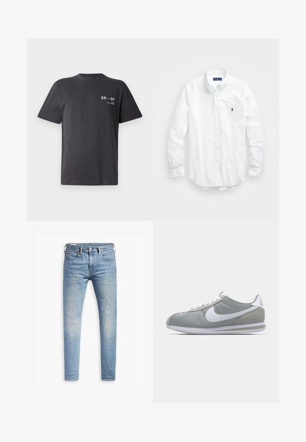 Sötétszürke pamut póló, rövid ujjú, kerek nyakkivágással, elöl fehér felirattal: "20 - 07" és "MIAMI DAYS & NIGHTS".; Fehér, hosszú ujjú, gombos férfiing pamutból. Klasszikus gallérral, gombos mandzsettával és egy kis sötétkék hímzett logóval a mellrészen.; Világoskék, slim fit farmernadrág enyhe kopással a combokon, elöl gombos záródással, övbujtatókkal és öt zsebbel, fehér háttérrel.; Szürke sportcipő velúr és textil felsőrésszel, fehér Nike pipa logóval és fehér fűzőkkel. Jellemzője egy texturált gumi talp és párnázott bokarész.