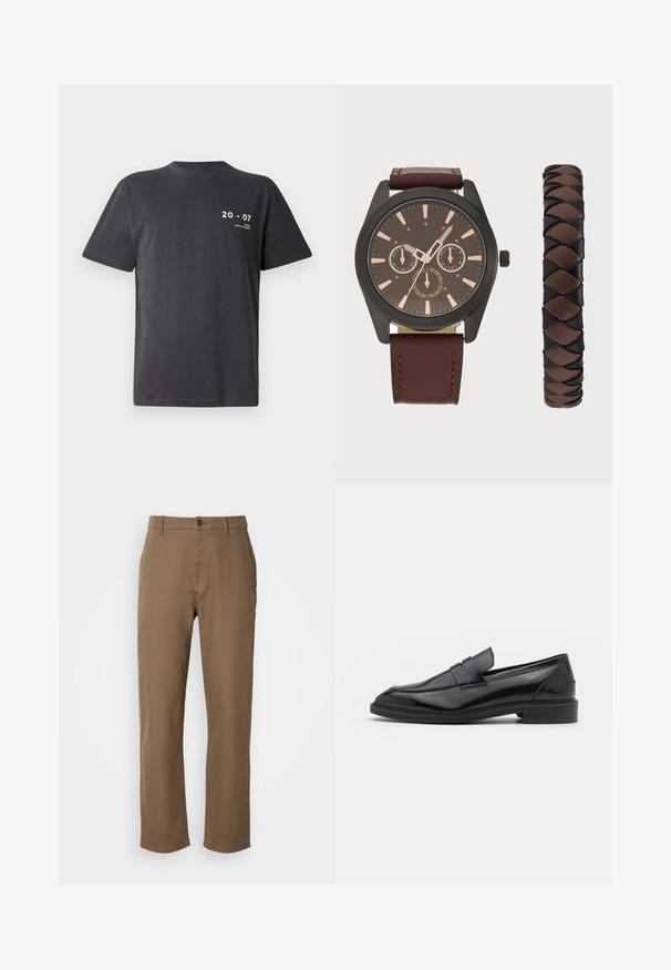 Donkergrijze katoenen t-shirt, korte mouwen, ronde hals, met witte tekst: "20 - 07" en "MIAMI DAGEN EN NACHTEN" op de voorkant.; Bruine katoenen broek met een rechte pasvorm, knoopsluiting en zijzakken. Heeft een gladde textuur en een eenvoudig, onopgesmukt ontwerp.; Zwarte leren instappers met een gladde afwerking, voorzien van een ronde neus en een smalle band over de bovenkant. Lage gestapelde hak.; Pier One SET - Horloge - black/brown