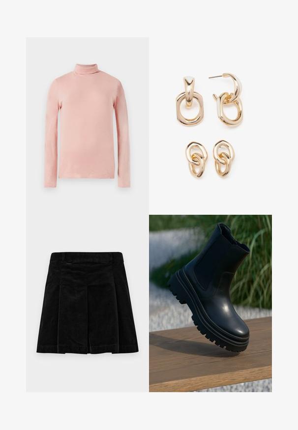 Light pink long-sleeve turtleneck top with a fitted design, smooth texture, and a high neck. No patterns or embellishments visible.; Black corduroy skirt with a pleated design, featuring a straight cut, textured surface, and a waistband for a secure fit.; Black leather ankle boot with a chunky sole, elasticated side panels, and a smooth finish. Elevated design with contrasting tread detail.; Gold-toned earrings featuring a mix of geometric shapes: a square, circle, and linked oval designs with a polished finish.
