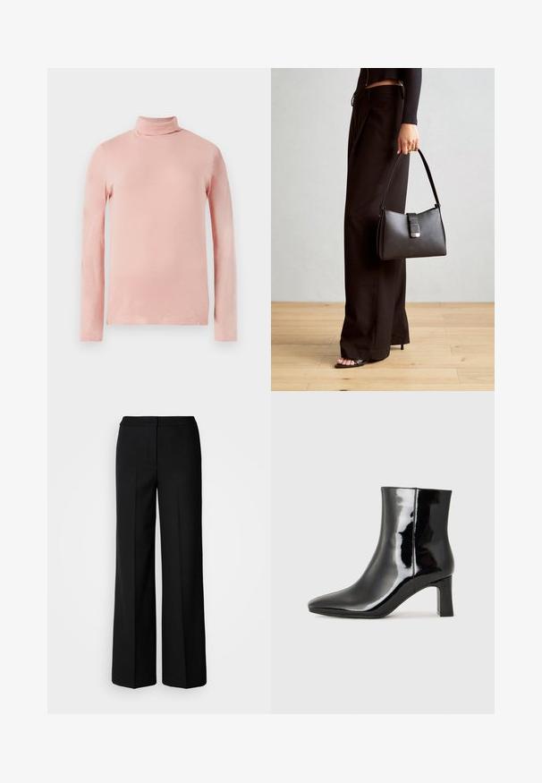 Svijetloružičasti pulover s dugim rukavima i visokim ovratnikom, koji ima uski kroj, glatku teksturu i visoki ovratnik. Nema vidljivih uzoraka ili ukrasa.; Crne široke hlače od glatkog materijala, s visokim strukom, krojenim šavovima i minimalističkim dizajnom. Bez vidljivih metalnih dijelova ili džepova.; Crne lakirane kožne gležnjače s šiljastim prstom i srednje visokom blok petom. Glatka tekstura i minimalistički dizajn.; Crna torba s oblikom koji sadrži strukturu, glađu teksturu i metalnu kopču. Uparena s širokim crnim hlačama i sandalama na otvorenom s drvenog poda.