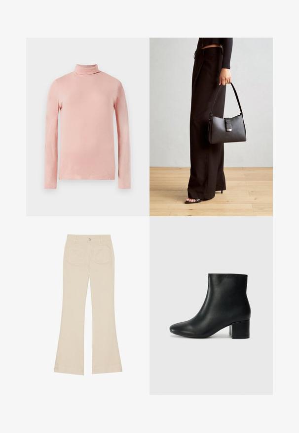 Šviesiai rožinė ilgomis rankovėmis turtleneko tipo palaidinė su pritaikytu dizainu, lygiu paviršiumi ir aukštu kaklu. Nematyti jokių raštų ar puošybos elementų.; Šviesiai rudos spalvos plačios kelnės su aukštu liemeniu, pagamintos iš medvilnės audinio. Turi priekinės ir galinės kišenes, diržo kilpas ir vieną sidabrinį mygtuką.; Juodos odinės aulinės botai su smailiu priekiniu pirštu ir storu kulnu. Lygus tekstūra su minimaliomis detalėmis ir elegantišku, tvirtai priglundančiu dizainu.; Juodas rankinė struktūrizuota forma, lygi tekstūra ir metalinis užsegimas. Suporuota su plačiomis juodomis kelnėmis ir atvirais bateliais ant medinių grindų.