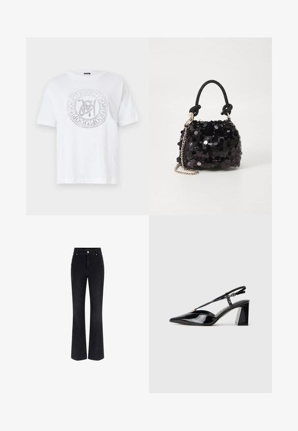 T-shirt en coton blanc avec un col rond et des manches courtes. Présente un logo circulaire argenté au centre avec des détails complexes.; Jean en denim noir évasé avec taille haute, design à cinq poches et accents en métal sur les côtés. Texture lisse et coupe classique.; Chaussures à talons hauts en cuir verni noir, avec un bout pointu, une sangle réglable et un talon rectangulaire épais.; Mini sac à main en sequins noirs avec une bandoulière texturée nouée et une chaîne argentée. Forme arrondie avec un haut froncé et des détails réfléchissants.