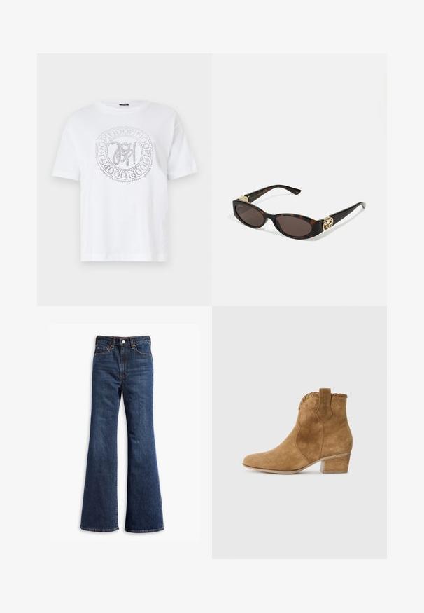 T-shirt en coton blanc avec un col rond et des manches courtes. Présente un logo circulaire argenté au centre avec des détails complexes.; Jeans en denim bleu foncé taille haute avec jambes évasées, fermeture à boutons et zip à l'avant, et conception à cinq poches.; Bottine en suede beige avec un bout pointu, une bordure texturée au col, et un talon carré. Équipée d'une languette pour un enfilage facile.; Lunettes de soleil en écaille, avec des verres ovales allongés, teinte marron, accents de logo doré sur les branches et montures noires élégantes.; Sac fourre-tout en faux suède marron avec deux poignées robustes, une forme structurée et un design minimaliste, présentant des accents de couture subtils.