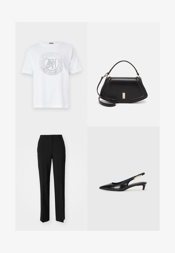 White cotton T-shirt with a round neckline and short sleeves. Features a silver circular logo design at the center with intricate detailing.; Black tailored trousers with a straight-leg design, featuring a smooth texture and crisp creases along the front. No visible hardware.; Black leather slingback heels with a pointed toe, featuring a slim heel and a gold-tone accent on the adjustable strap. Smooth texture.; Black leather handbag with a structured design, featuring a cropped shape, top handle, and gold hardware accent. Adjustable shoulder strap included.