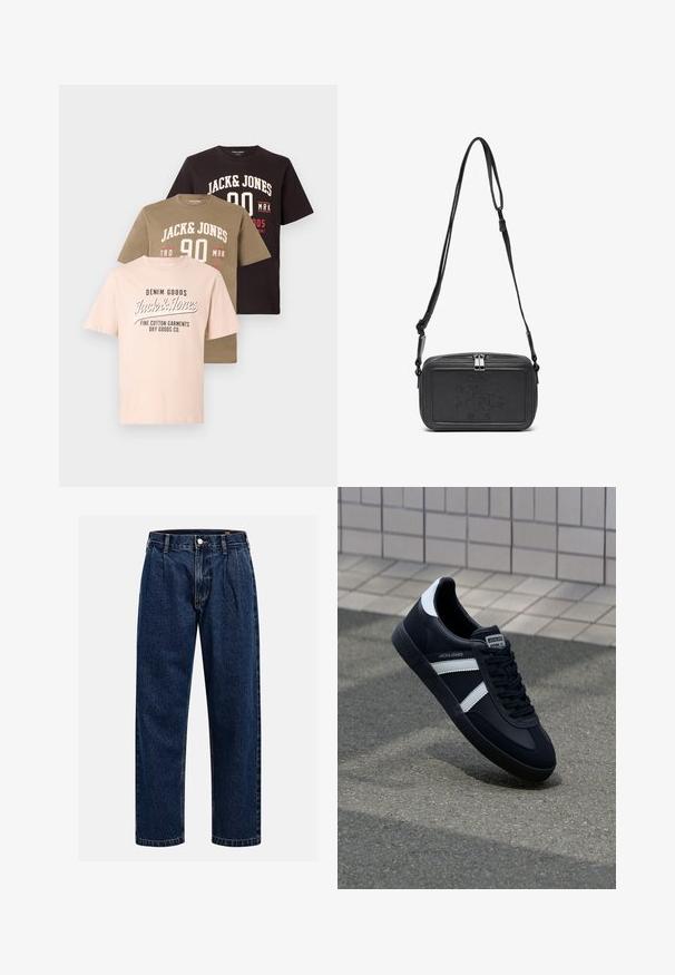 Three T-shirts stacked: light pink with black text, olive green with white and red graphics, dark brown with white text. Cotton material.; Dark blue denim jeans with a straight-leg design. Features visible stitching, a button closure, and front pleats for added detail.; Black leather sneaker with white stripes, textured rubber sole, and lace-up front. Features a branded label on the tongue.; Black leather crossbody bag with a zip closure, embossed logo on the front, and adjustable strap. Smooth texture with a rectangular shape.