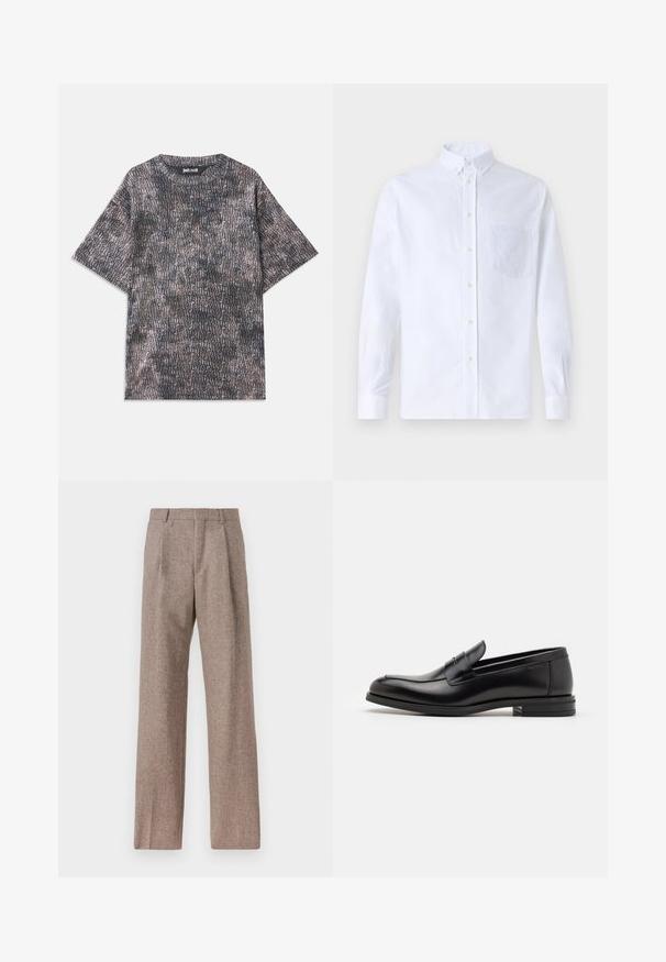 Pelēks īsām piedurknēm t-krekls ar teksturētu audumu un melnu apdruku visā virsmā, ar zīmola nosaukumu redzamu tuvumā pie kakla.; Balts garo piedurknēm krekliņš ar pogām, izgatavots no kokvilnas, ar krūšu kabatu ar tonālu izšuvumu, apkakli un pogām pie piedurknēm.; Brūni, augstos šortos izgatavoti no teksturēta auduma. Iezīmē plašas kājas un divas priekšējās krokas, kas nodrošina struktūru. Kārtīga apdare bez redzamām detaļām.; Melnas ādas kurpes ar gludu tekstūru, noapaļu purngalu un dekoratīvu siksniņu pāri priekšpusei. Zems sakrauts papēdis, minimālisma dizains.